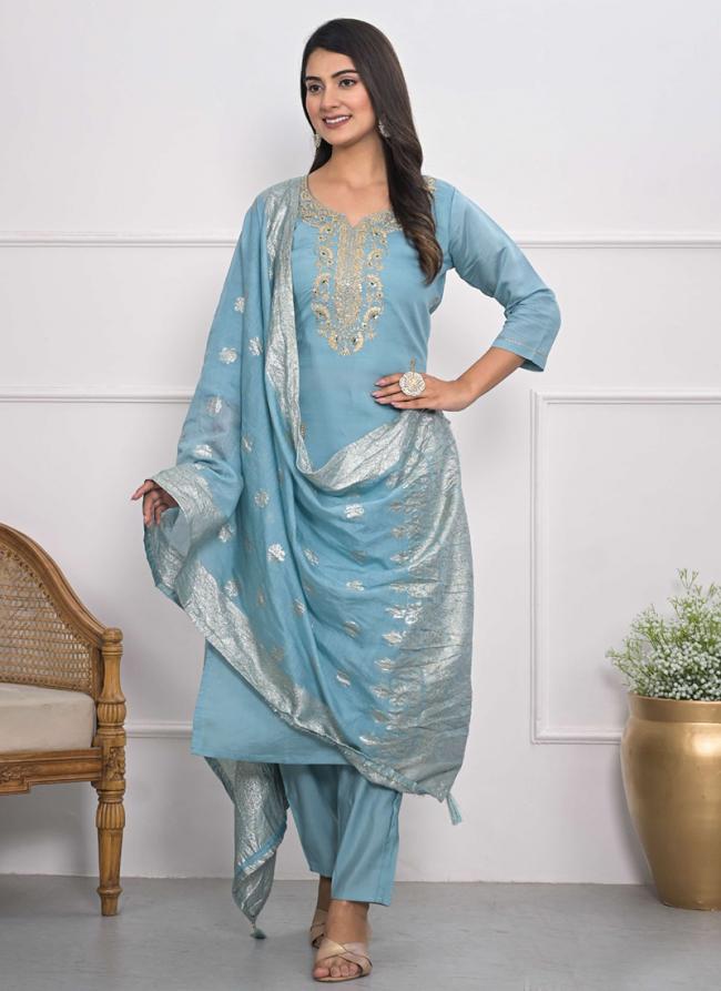 Viscose Silk Sky Blue Festival Wear Embroidery Work Readymade Kurti Set